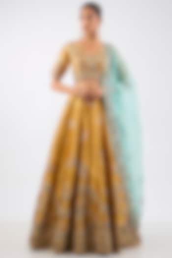 Yellow Tissue Metallic Embroidered Kalidar Bridal Lehenga Set by Dolly J at Pernia's Pop Up Shop