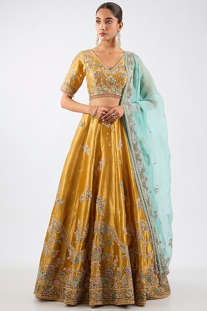 Yellow Tissue Metallic Embroidered Kalidar Bridal Lehenga Set by Dolly J at Pernia's Pop Up Shop