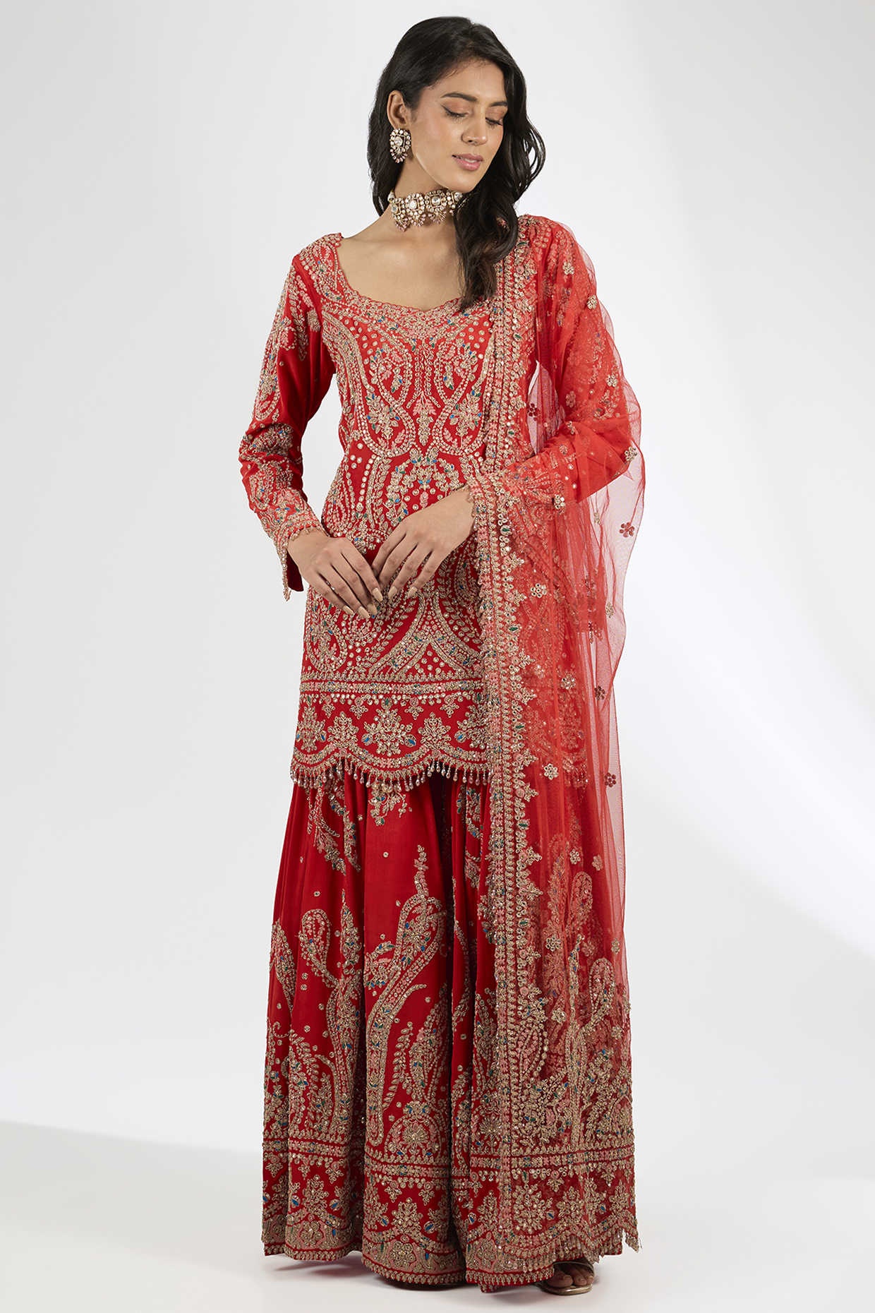 Scarlet Red Crepe Thread Work Bridal Sharara Set by Dolly J at Pernia's Pop Up Shop
