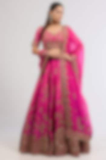 Fuchsia Tissue Zardosi Embroidered Bridal Lehenga Set by Dolly J at Pernia's Pop Up Shop