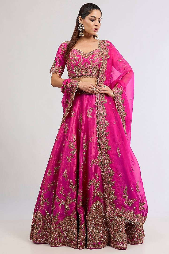 Fuchsia Tissue Zardosi Embroidered Bridal Lehenga Set by Dolly J at Pernia's Pop Up Shop