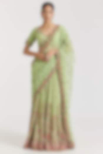 Pista Green Chikankari Thread & Metallic Hand Embroidered Kalidar Draped Bridal Saree Set by Dolly J at Pernia's Pop Up Shop