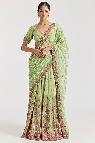 Pista Green Chikankari Thread & Metallic Hand Embroidered Kalidar Draped Saree Set by Dolly J