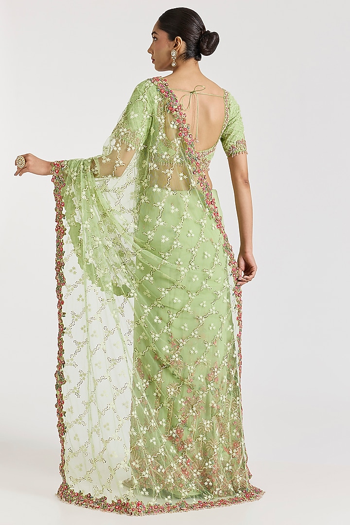 Pista Green Chikankari Thread & Metallic Hand Embroidered Kalidar Draped Bridal Saree Set by Dolly J at Pernia's Pop Up Shop