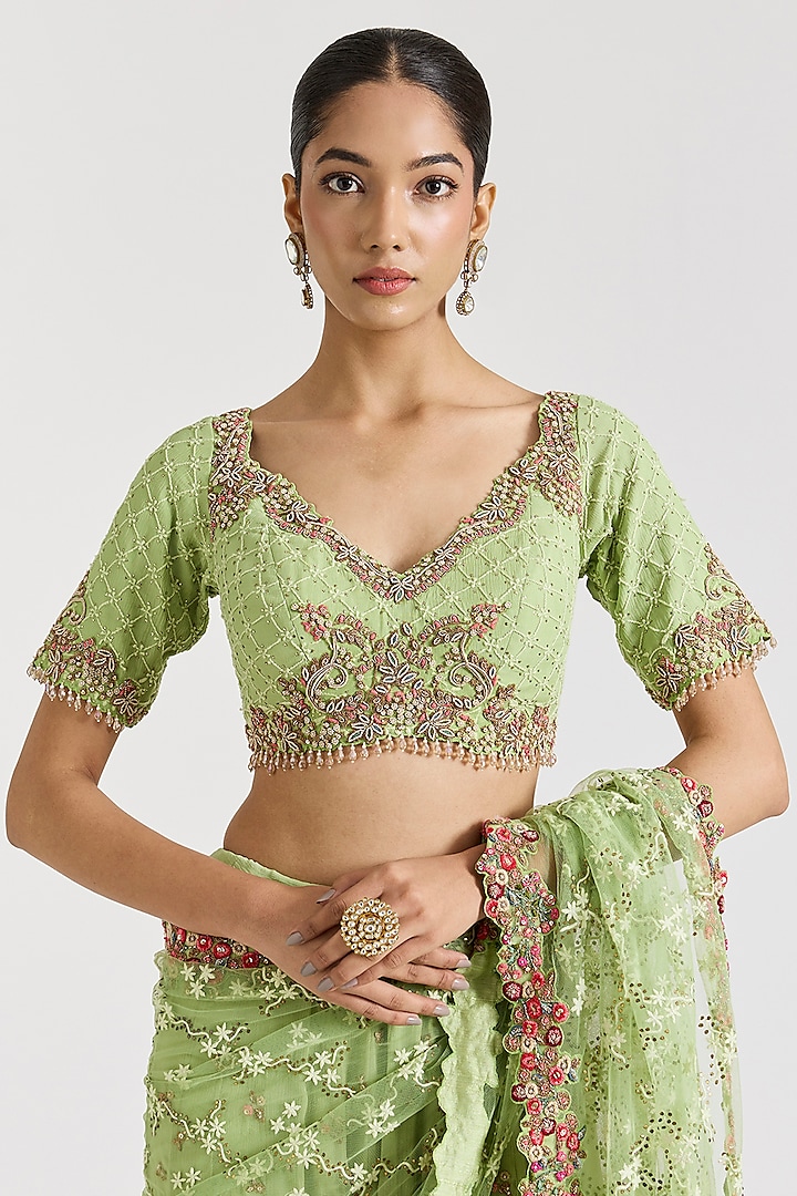 Pista Green Chikankari Thread & Metallic Hand Embroidered Kalidar Draped Bridal Saree Set by Dolly J at Pernia's Pop Up Shop