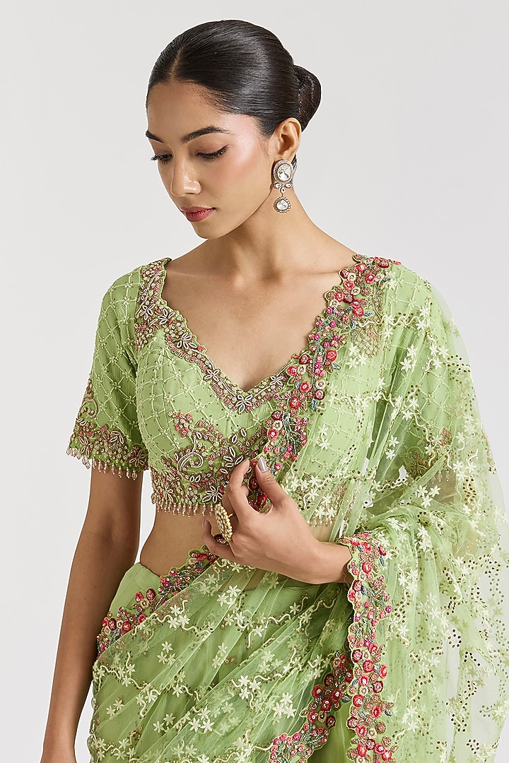 Pista Green Chikankari Thread & Metallic Hand Embroidered Kalidar Draped Bridal Saree Set by Dolly J at Pernia's Pop Up Shop