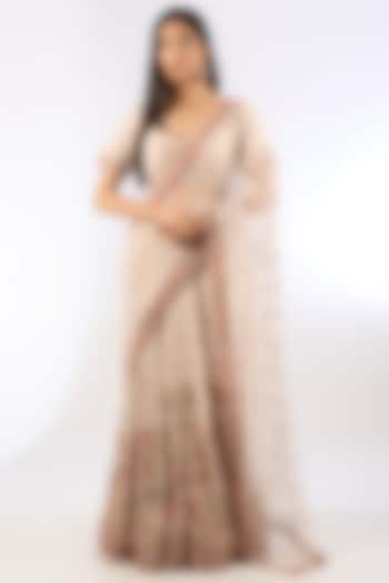 Ivory Tulle Chikankari Hand Embroidered Bridal Saree Set by Dolly J at Pernia's Pop Up Shop