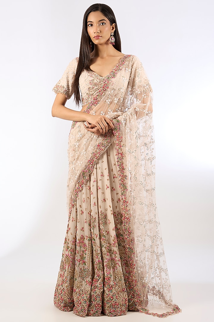 Ivory Tulle Chikankari Hand Embroidered Bridal Saree Set by Dolly J at Pernia's Pop Up Shop