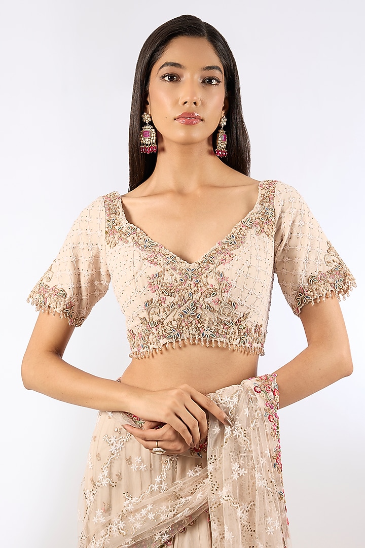 Ivory Tulle Chikankari Hand Embroidered Bridal Saree Set by Dolly J at Pernia's Pop Up Shop