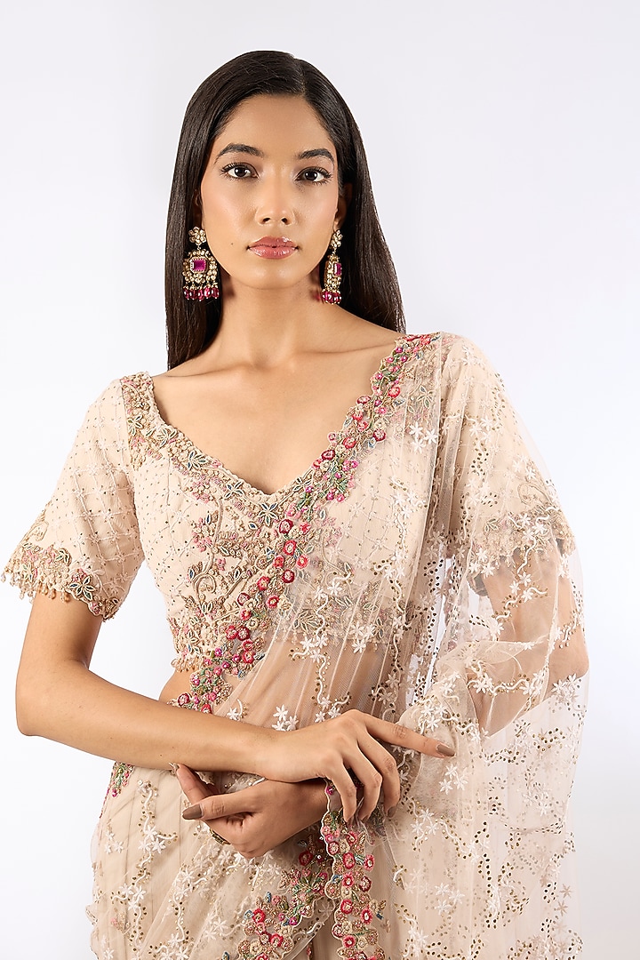 Ivory Tulle Chikankari Hand Embroidered Bridal Saree Set by Dolly J at Pernia's Pop Up Shop