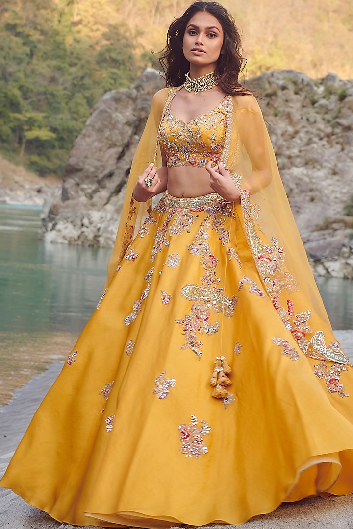 Yellow Embroidered Cape Lehenga Set by Dolly J