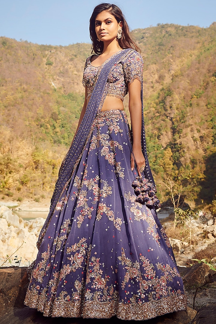 Blue Embroidered Lehenga Set by Dolly J