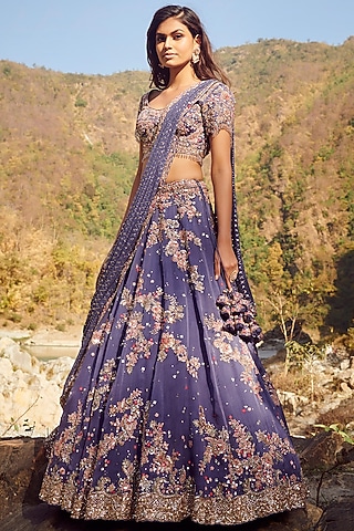 Blue Embroidered Lehenga Set by Dolly J