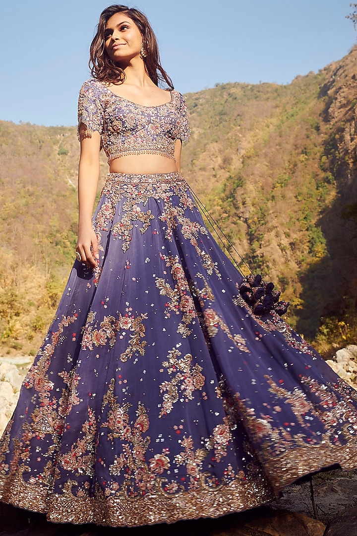 Blue Embroidered Bridal Lehenga Set by Dolly J at Pernia's Pop Up Shop