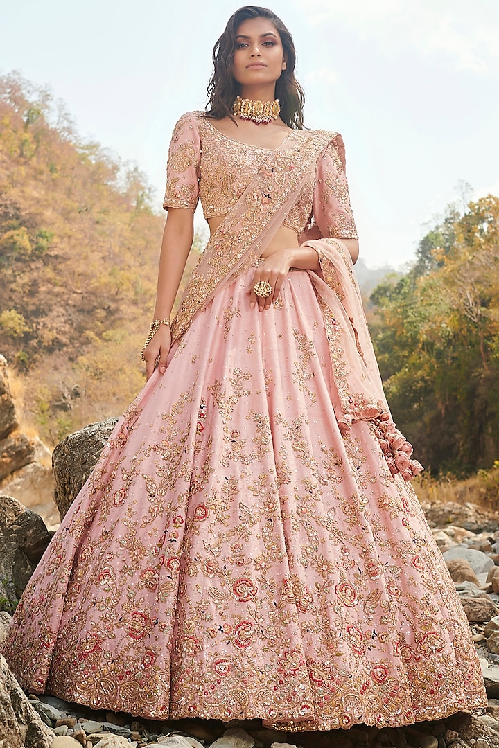 Pink Embroidered Lehenga Set With Two Dupattas by Dolly J