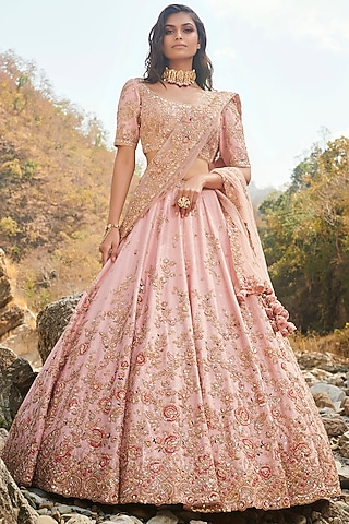 Pink Embroidered Lehenga Set With Two Dupattas by Dolly J
