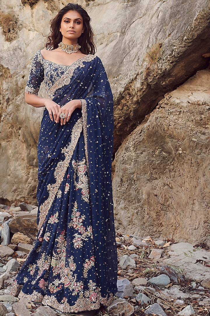Blue Embroidered Saree Set by Dolly J