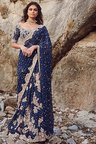 Blue Embroidered Saree Set by Dolly J