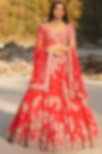 Red Embroidered Bridal Lehenga Set With Two Dupattas by Dolly J at Pernia's Pop Up Shop