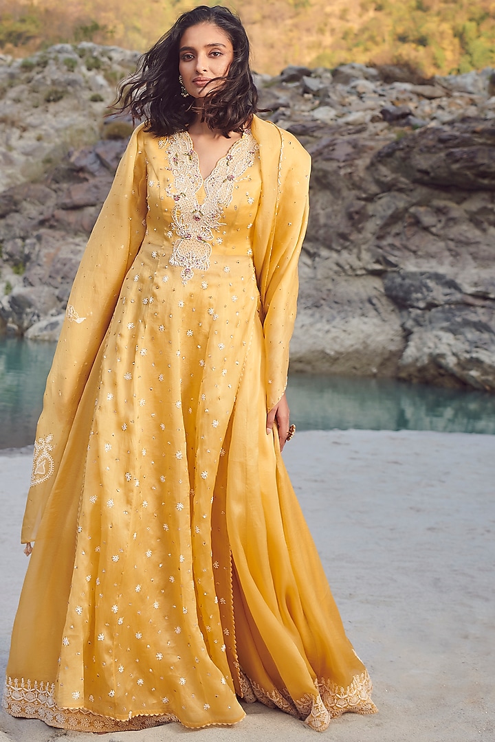 Yellow Embroidered Sharara Set by Dolly J