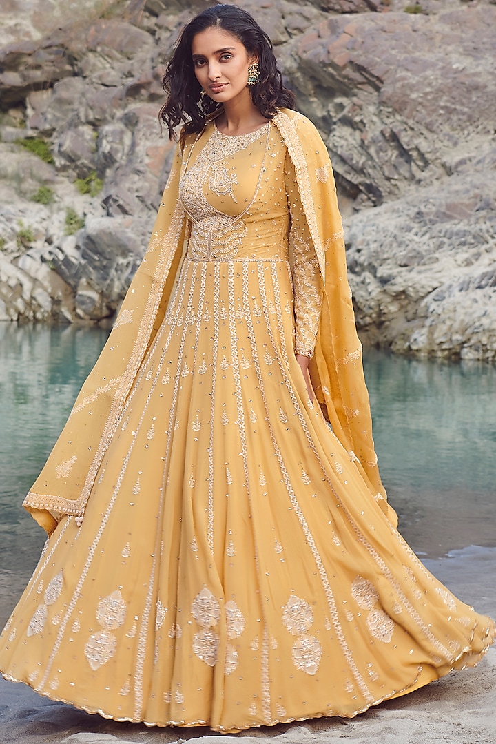 Yellow Embroidered Kurta Set by Dolly J