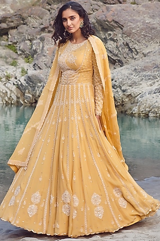 Yellow Embroidered Kurta Set by Dolly J