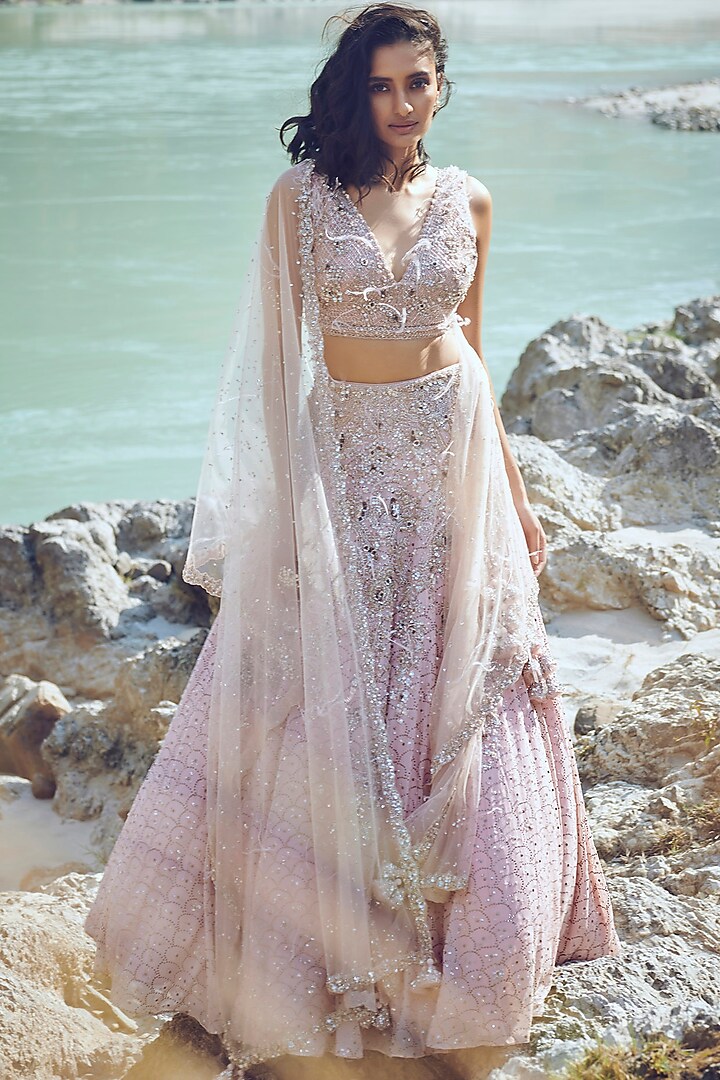 Pink Embroidered Lehenga Set by Dolly J