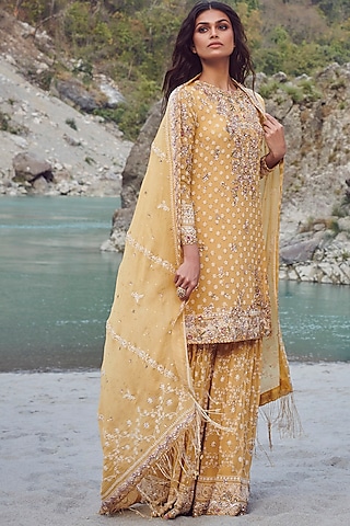 Yellow Chikankari Embroidered Sharara Set by Dolly J