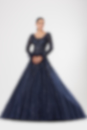 Dark Navy Blue Embroidered Gown by Dolly J