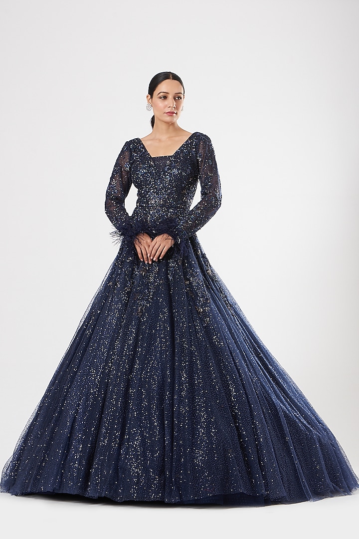 Dark Navy Blue Embroidered Gown by Dolly J