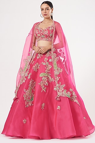 Fuchsia Organza Lehenga Set by Dolly J