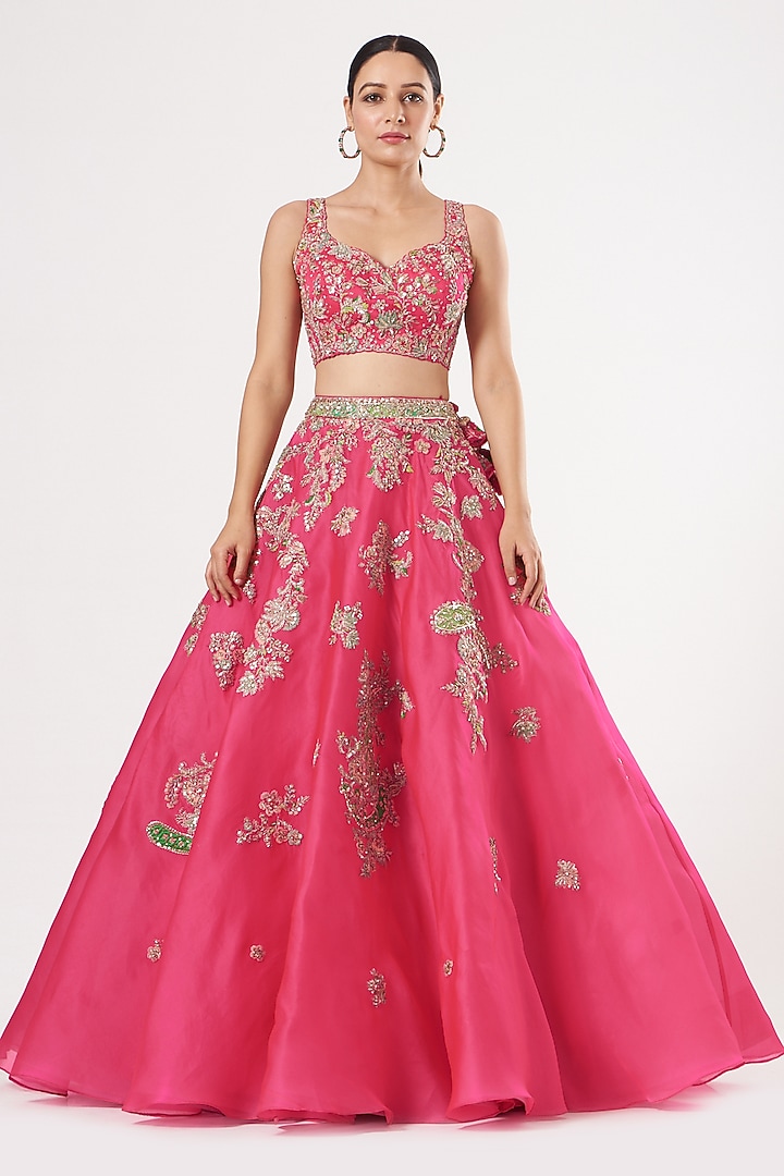 Fuchsia Organza Bridal Lehenga Set by Dolly J at Pernia's Pop Up Shop