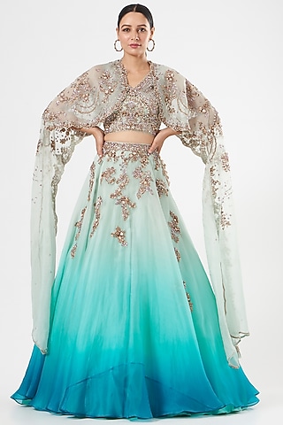 Turquoise Ombre Embroidered Lehenga Set by Dolly J