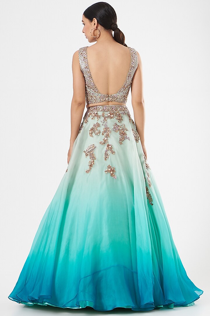 Turquoise Ombre Embroidered Bridal Lehenga Set by Dolly J at Pernia's Pop Up Shop