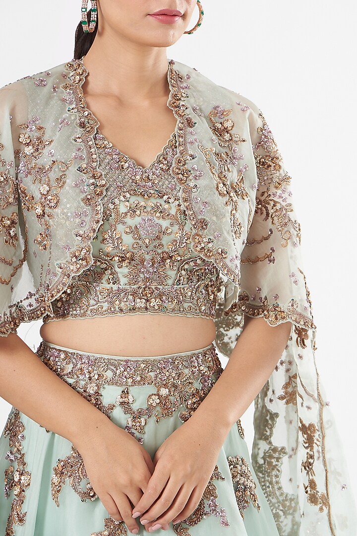 Turquoise Ombre Embroidered Bridal Lehenga Set by Dolly J at Pernia's Pop Up Shop