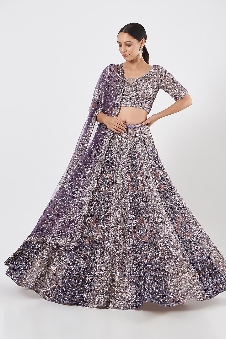 Lavender Hand Embroidered Bridal Lehenga Set by Dolly J at Pernia's Pop Up Shop