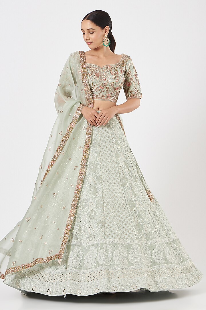 Mint Lehenga Set With Hand Embroidery Design by Dolly J at Pernia's Pop