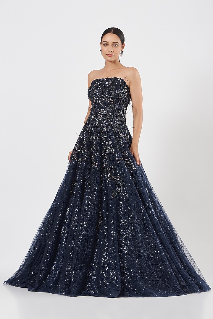 Navy Blue Embellished Bridal Wedding Gown by Dolly J at Pernia's Pop Up Shop