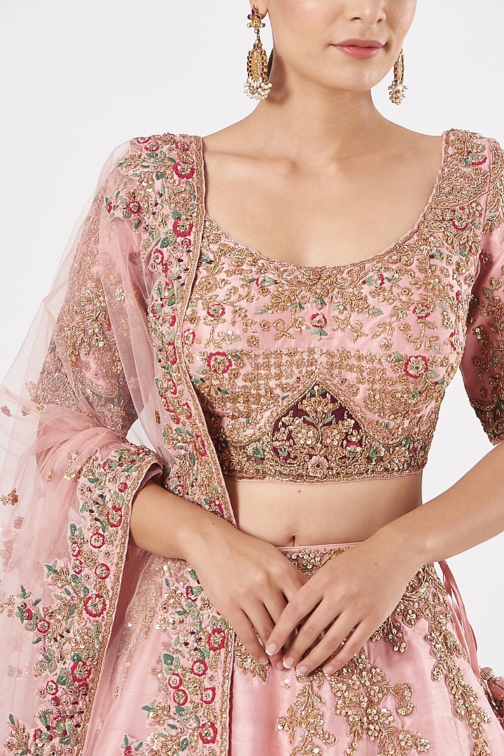 Blush Pink Silk Hand Embroidered Bridal Lehenga Set by Dolly J at Pernia's Pop Up Shop