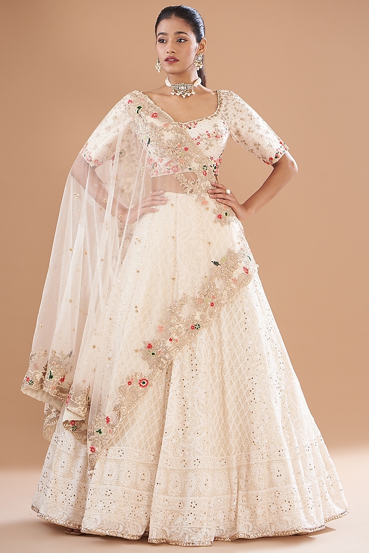 Ivory Chikankari Embroidered Wedding Lehenga Set by Dolly J at Pernia's Pop Up Shop