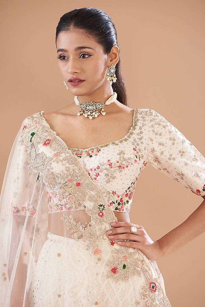 Ivory Chikankari Embroidered Bridal Lehenga Set by Dolly J at Pernia's Pop Up Shop