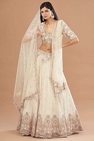 Ivory Georgette Tilla Embroidered Kalidar Lehenga Set by Dolly J
