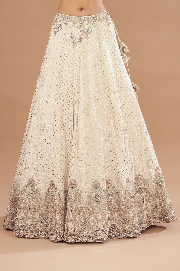 Ivory Georgette Tilla Embroidered Kalidar Bridal Lehenga Set by Dolly J at Pernia's Pop Up Shop