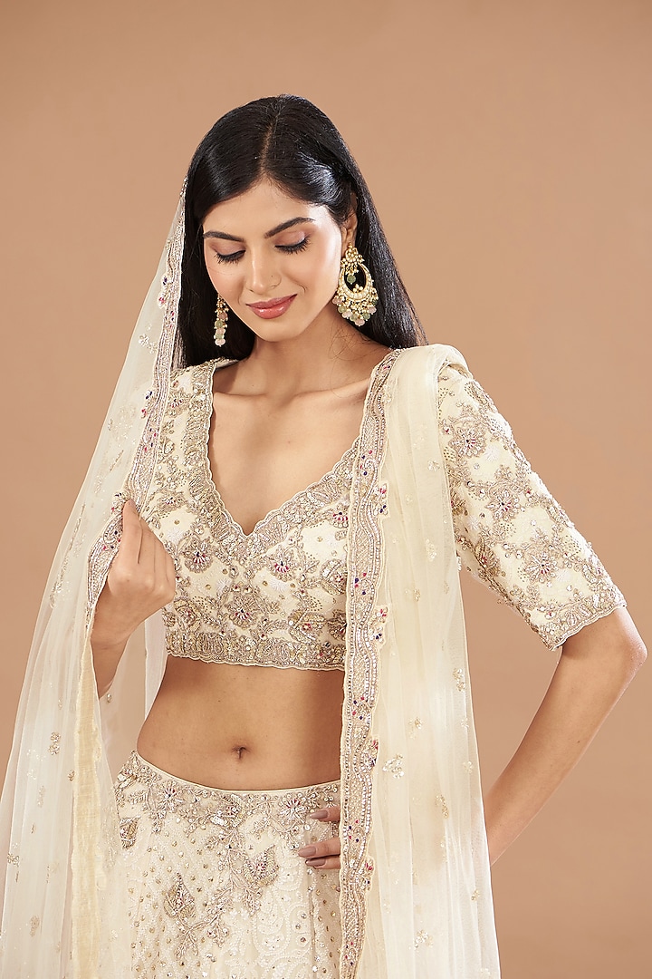 Ivory Georgette Tilla Embroidered Kalidar Bridal Lehenga Set by Dolly J at Pernia's Pop Up Shop