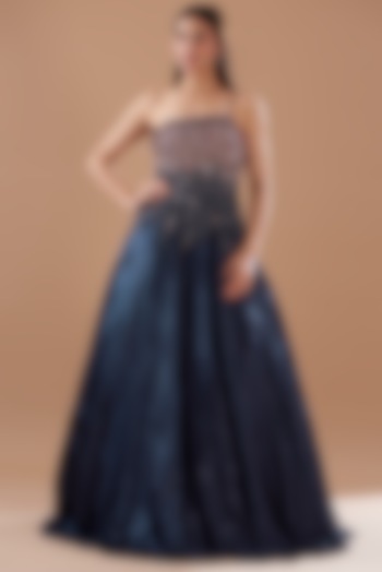 Midnight Blue Satin & Tulle Embroidered Ombre Wedding Gown by Dolly J at Pernia's Pop Up Shop