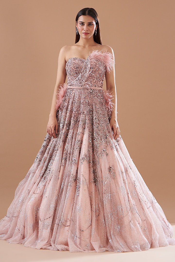 Dusty Pink Silk Satin Embellished Gown by Dolly J