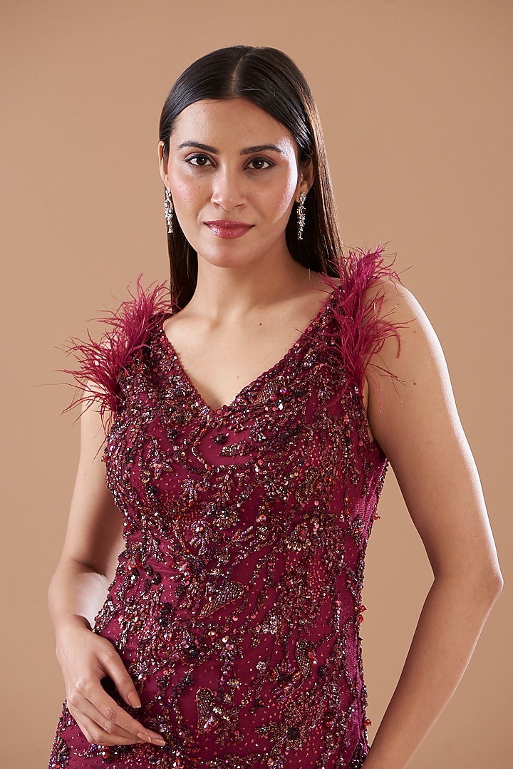 Maroon Shimmer Tulle Wedding Gown by Dolly J at Pernia's Pop Up Shop
