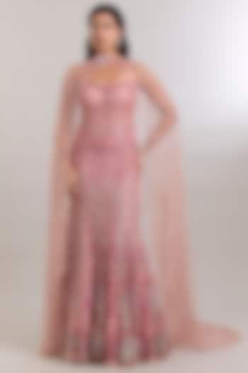 Pink Shimmer Tulle Zardosi Embroidered Flared Bridal Lehenga Set by Dolly J at Pernia's Pop Up Shop