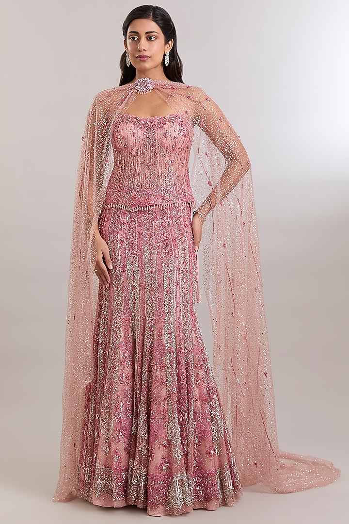 Pink Shimmer Tulle Zardosi Embroidered Flared Bridal Lehenga Set by Dolly J at Pernia's Pop Up Shop