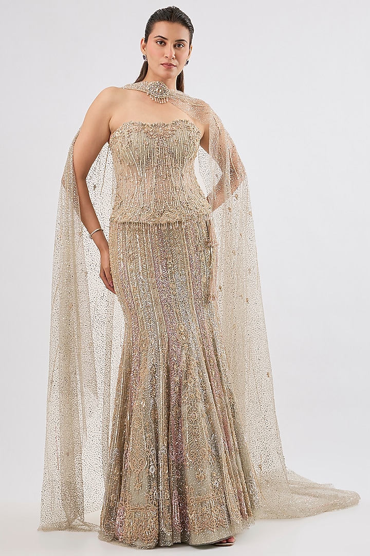 Molten Gold Tulle Zardosi Embroidered Flared Bridal Lehenga Set by Dolly J at Pernia's Pop Up Shop